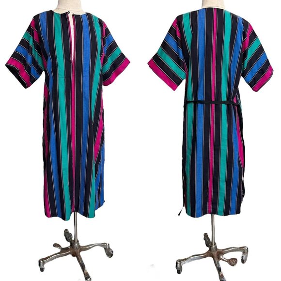 70s 80s vintage striped hippy dress caftan coverup cotton relaxed loose belt. - Picture 2 of 10